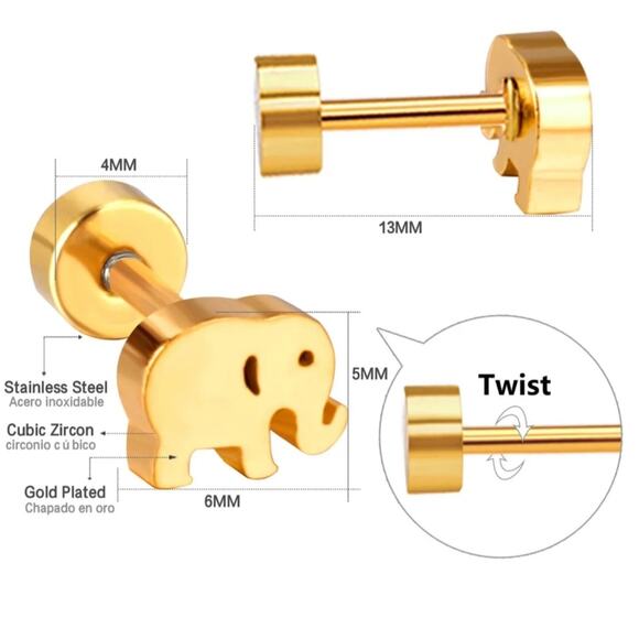 Elephant Stainless Steel Earring Studs Gold - Picture 2 of 2